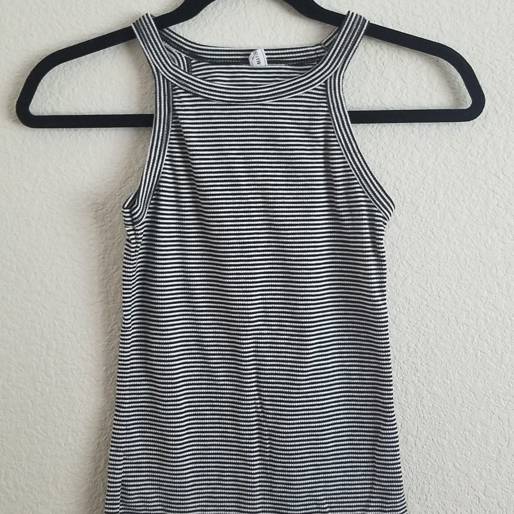 Black & white striped high neck halter knit tank